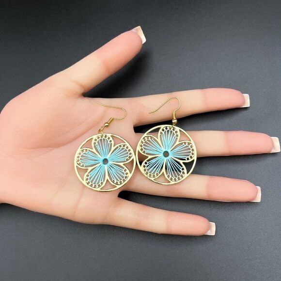 Yellow Gold with Round Blue Threaded Flower Dangling Drop Hook Earrings - Picture 8 of 8